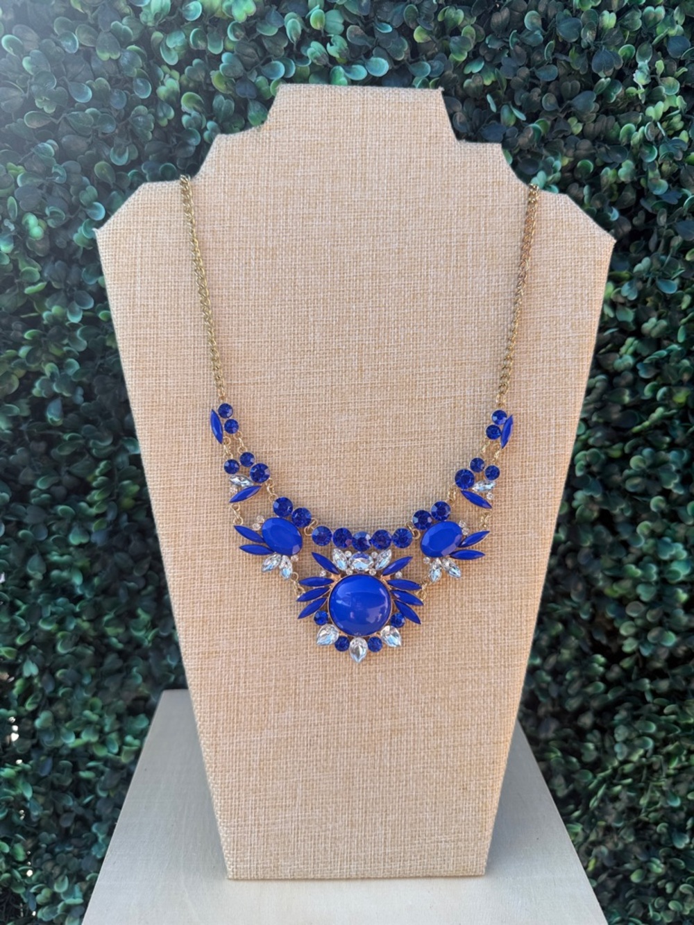 Gold Chain Blue Statement Necklace - Bold Royal Blue Pendant